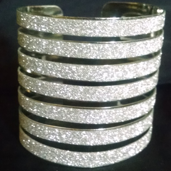 Rhodium Bling Sparkle Glitter Wide Cuff Bracelet